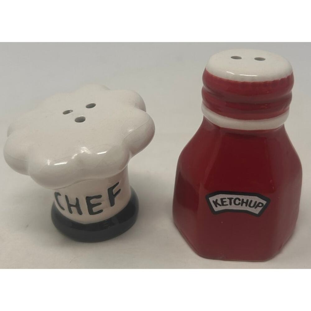 Ketchup & Chef Top Hat Salt and‎ Pepper Shakers Red White Black